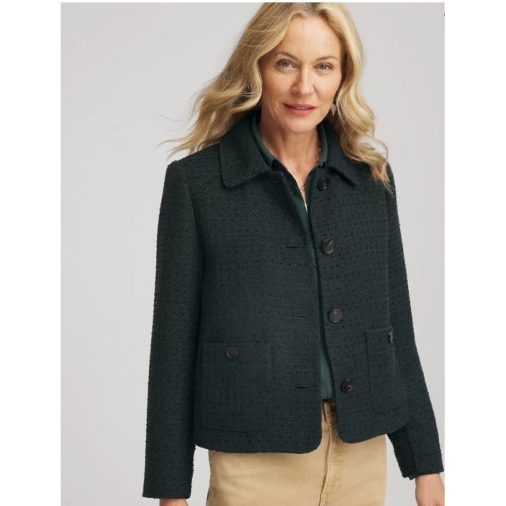 Chico's blazer jacket womens 0 US S Smal cropped tweed darkest spruce black $199